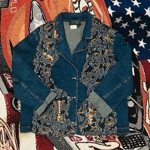 Vintage City Girl by Nancy Bolen Abstract Appliqué Denim Jacket (XL)